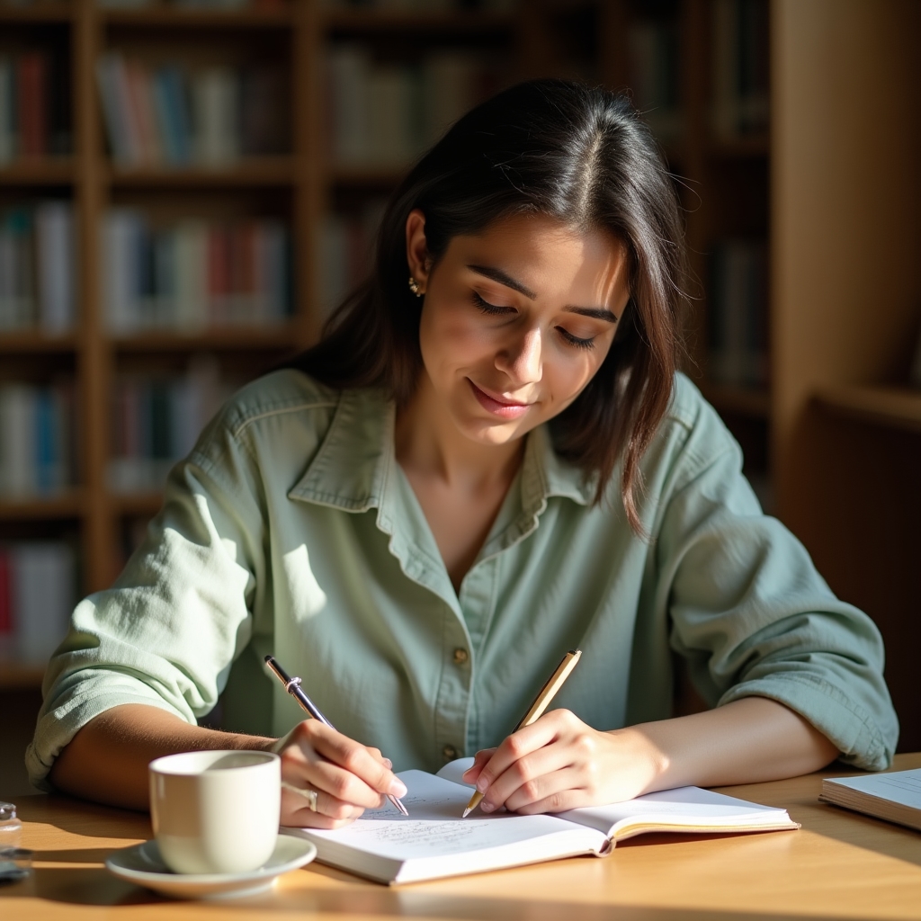 Person writing in a budget planning journal at a wooden desk with natural light