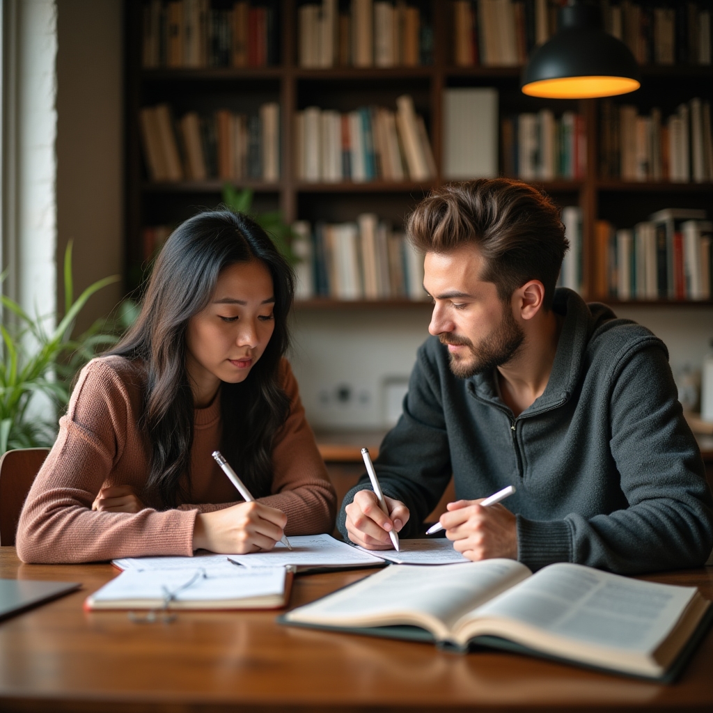 Two people sitting at a kitchen table reviewing a notebook together, calm and focused, warm afternoon light