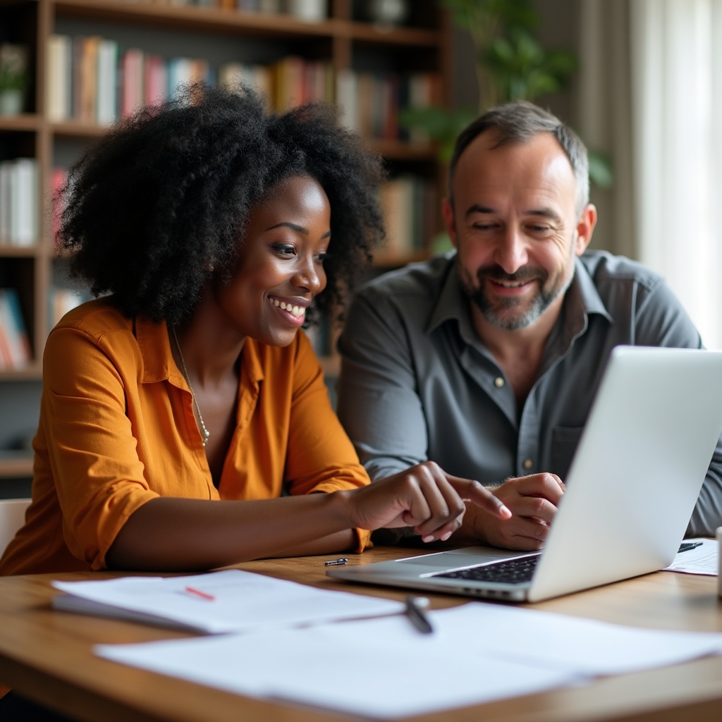 Two people at a dining table with a laptop and papers, discussing finances, relaxed but engaged