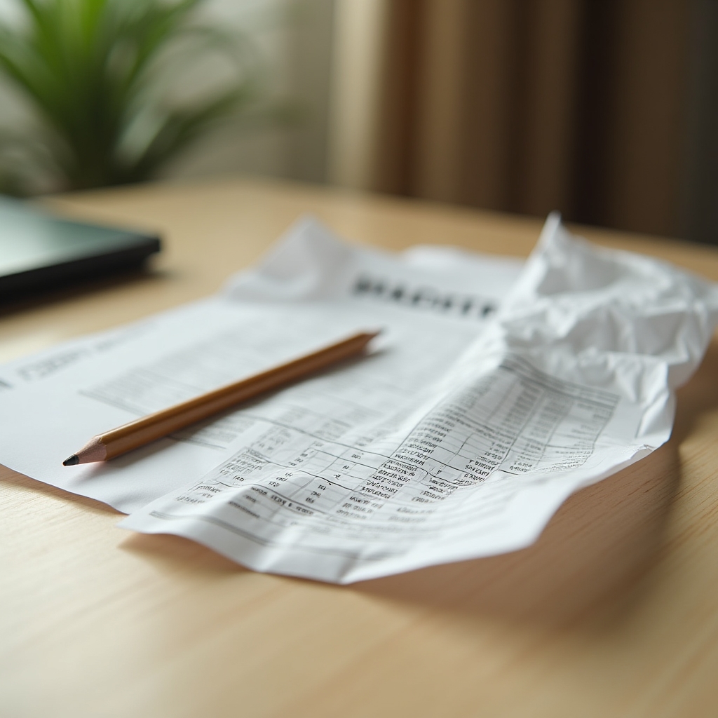 Crumpled paper budget worksheet on a desk, symbolising a failed budget attempt