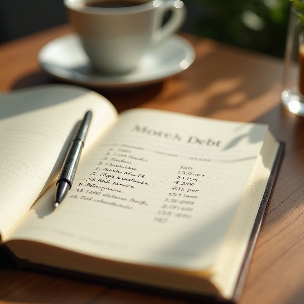Notebook open to a debt list with handwritten figures, pen resting on page, soft focused background