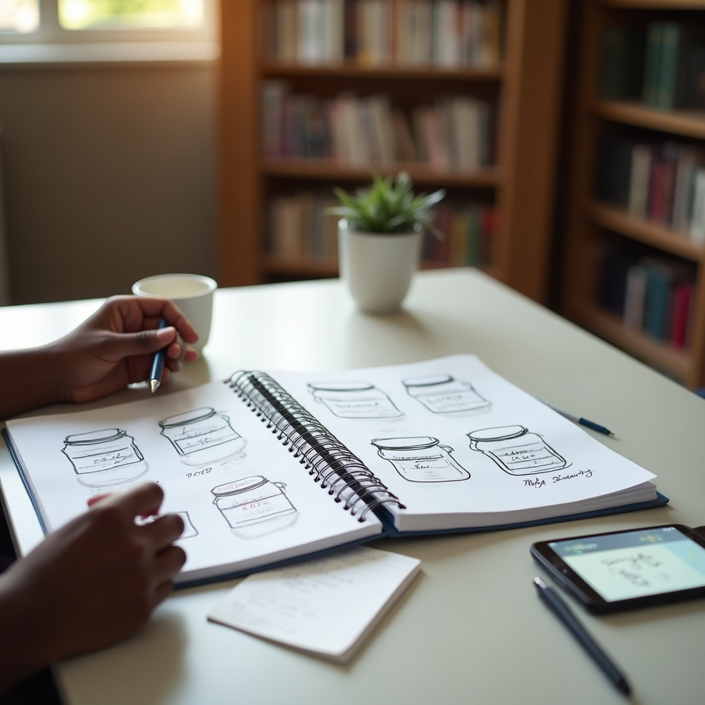 Open notebook with hand-drawn jar categories and digital banking app visible alongside, on a light desk