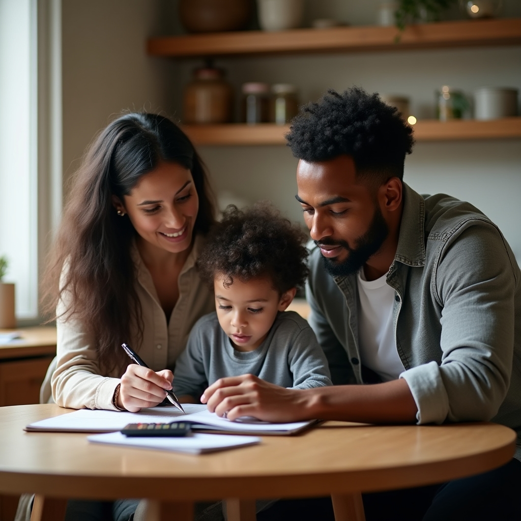 Family of three around a kitchen table with a notebook and calculator, planning household expenses together