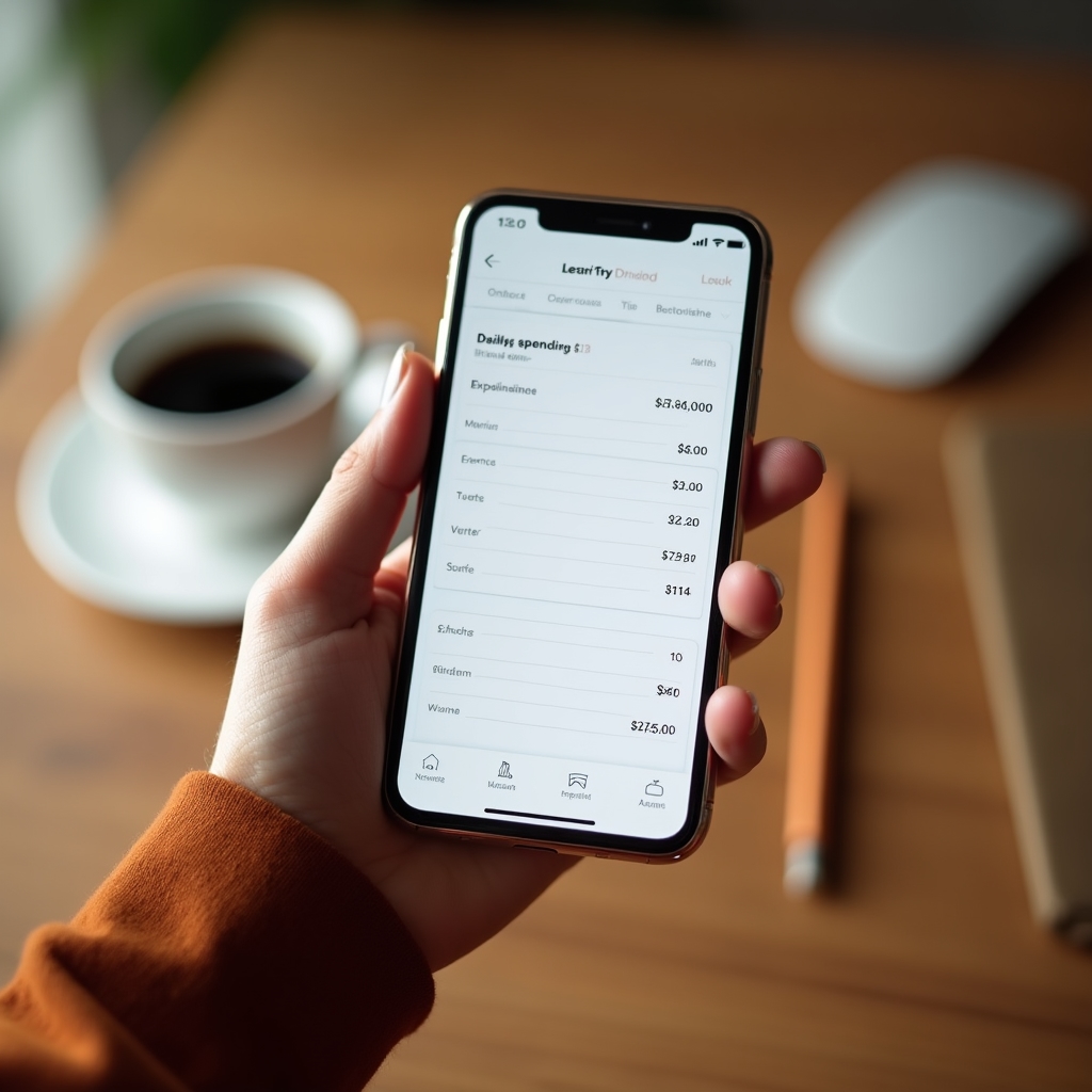 Phone screen showing a simple notes app with daily spending log, held in hand with warm lighting