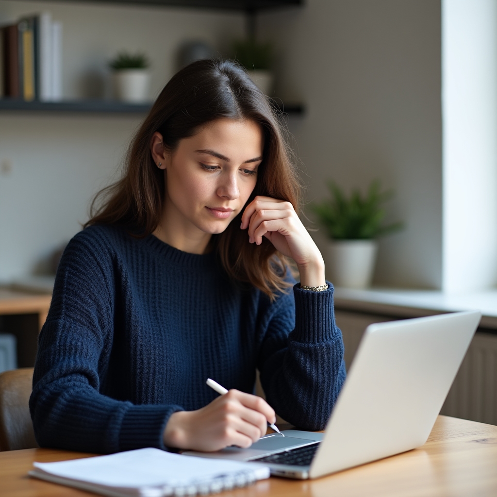 Young woman at a home desk reviewing finances alone, focused expression, modern apartment setting